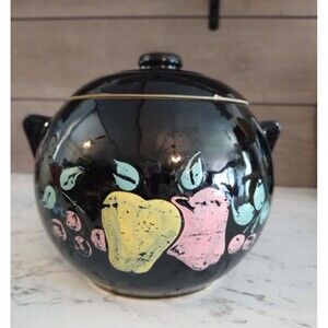 Vintage McCoy Pottery Painted Fruit Round Black Ceramic Cookie Jar w Lid Apples